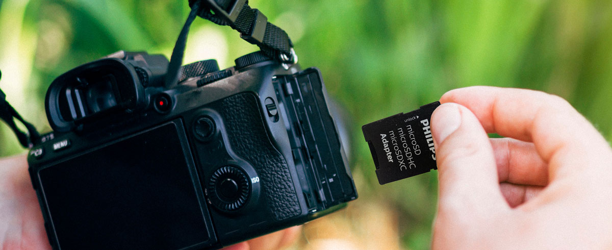 Een persoon die in &eacute;&eacute;n hand een camera vasthoudt en in de andere een geheugenkaart, klaar om momenten vast te leggen