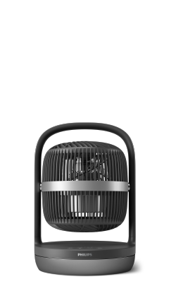 Een lage zwarte Philips-tafelventilator uit de 3000 series die automatische heen en weer beweegt.