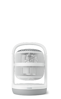 Een lage Philips-tafelventilator uit de 3000 series met een witte buitenkant en een grijze voet.
